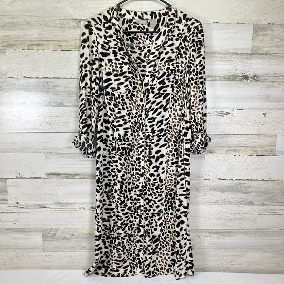 Chicos Womens White & Brown Giraffe Print Roll Tab V Neck Button Up Maxi Dress M - Picture 1 of 8